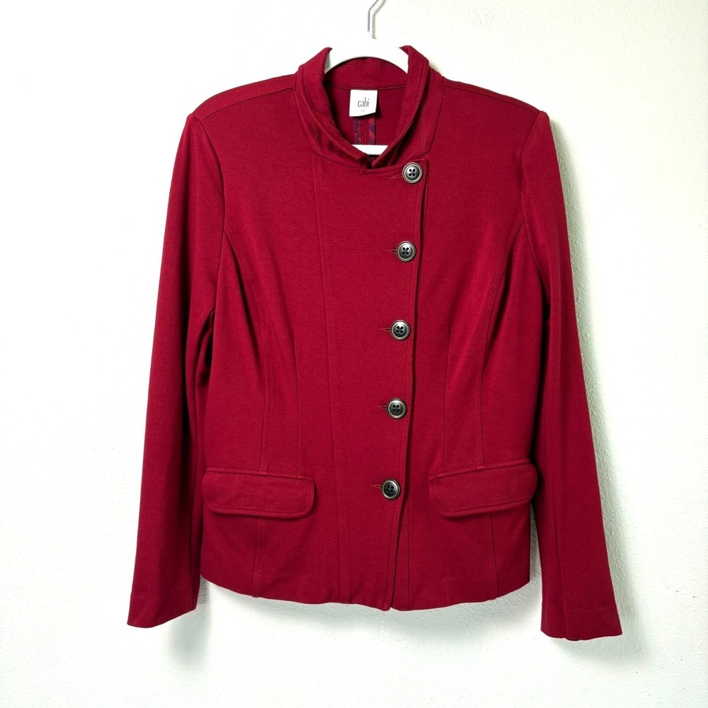 CAbi Blazer 3175 Size 12 Rhubarb Red Button Front Ponte Knit‎ Jacket Pockets